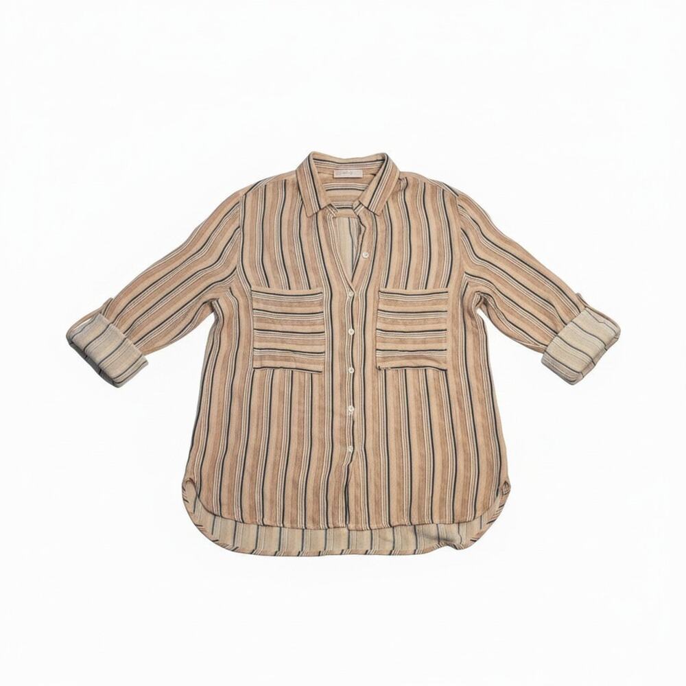 Blush Boutique Tan Button Up Blouse Size Large Great Fit/ Condition Long Sleeves